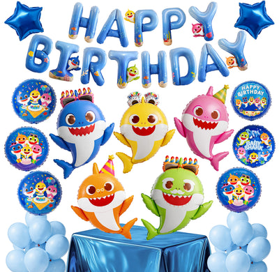 PartyWoo Baby Shark Family Foil Balloons 37pcs Baby Shark Family Blue Round Star Mylar Happy Birthday Letter Balloons for Boys and Girls Under the Sea Kids Birthday Party Decorations