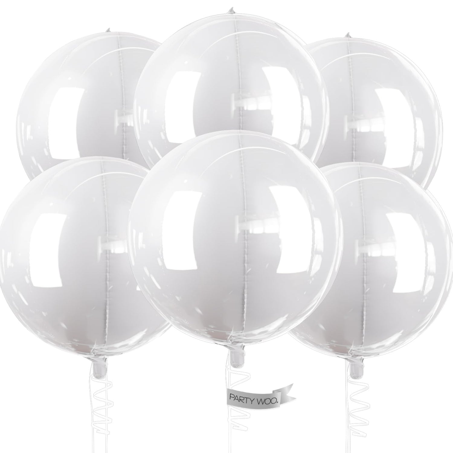 PartyWoo White Foil Balloons, 6 pcs 22 Inch Round Foil Balloons, Giant 4D Foil Balloons and Ribbon, Large Mylar Balloons, Balloons for Birthday Decorations, Wedding Decorations, Party Decorations