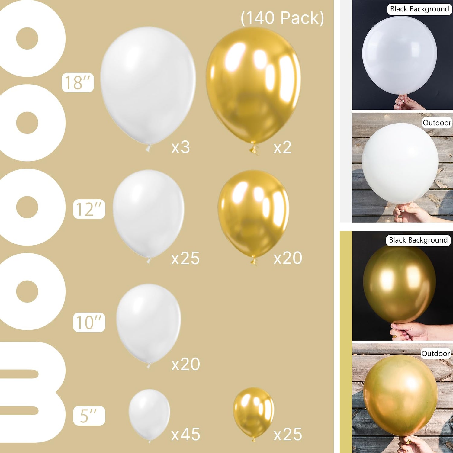 White-Y13 & Gold-G101 Balloons Arch Kit Garland 140pcs (5/10/12/18 inch)