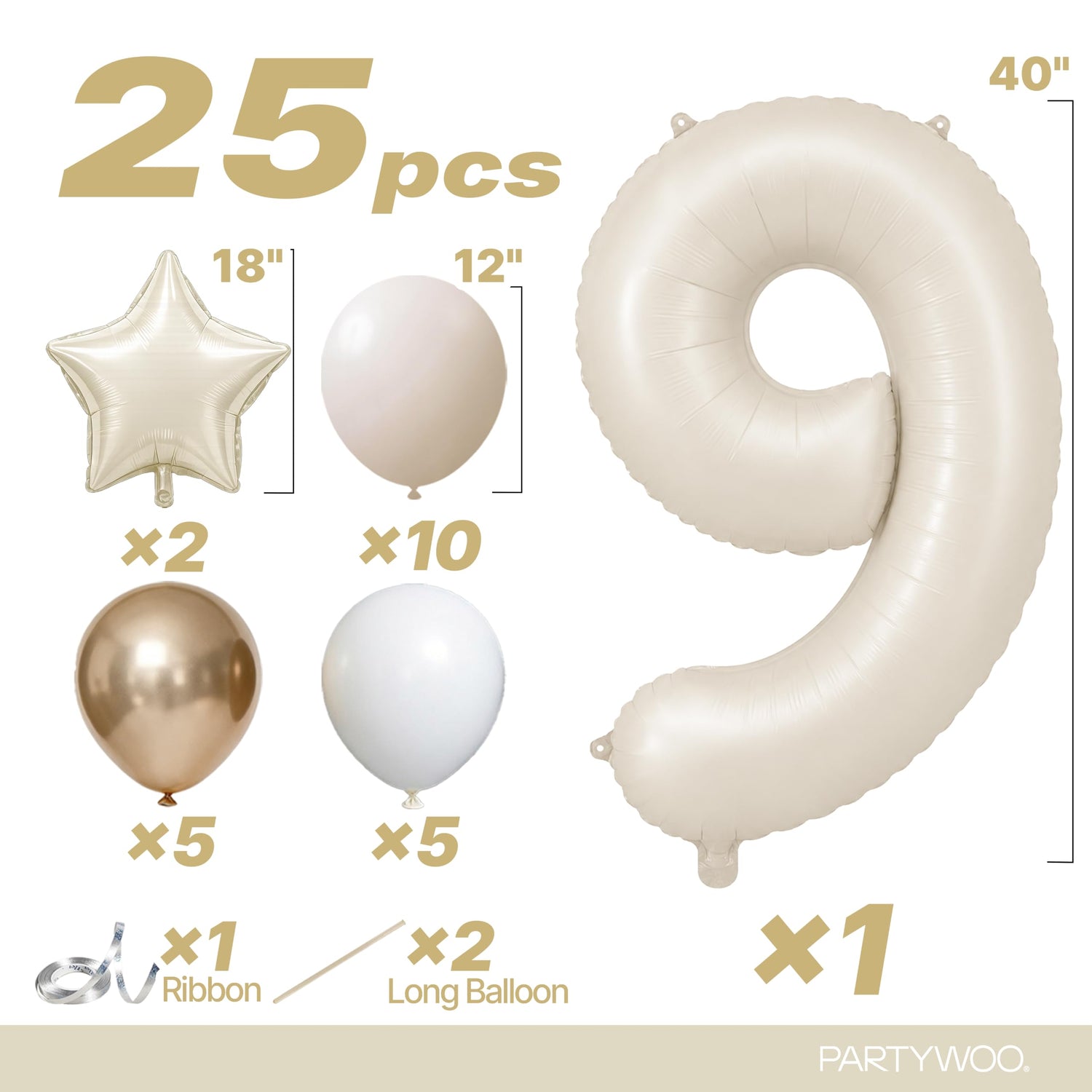 Cream White Number 9 Balloon Set 25pcs (40 inch)