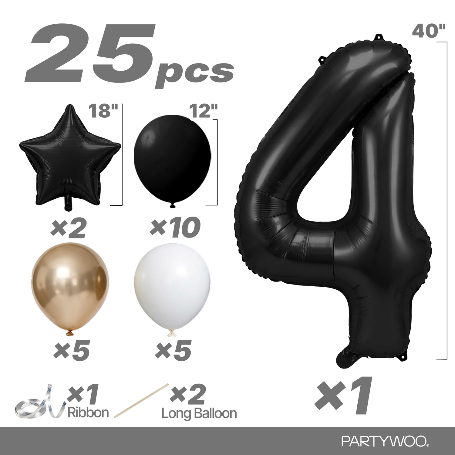 Black-LG12 Number 4 Balloon Set 25pcs (40 inch)