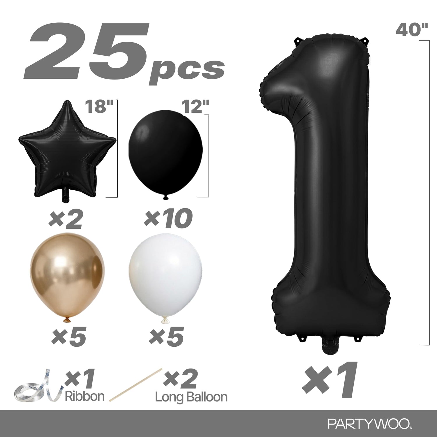 Black-LG12 Number 1 Balloon Set 25pcs (40 inch)