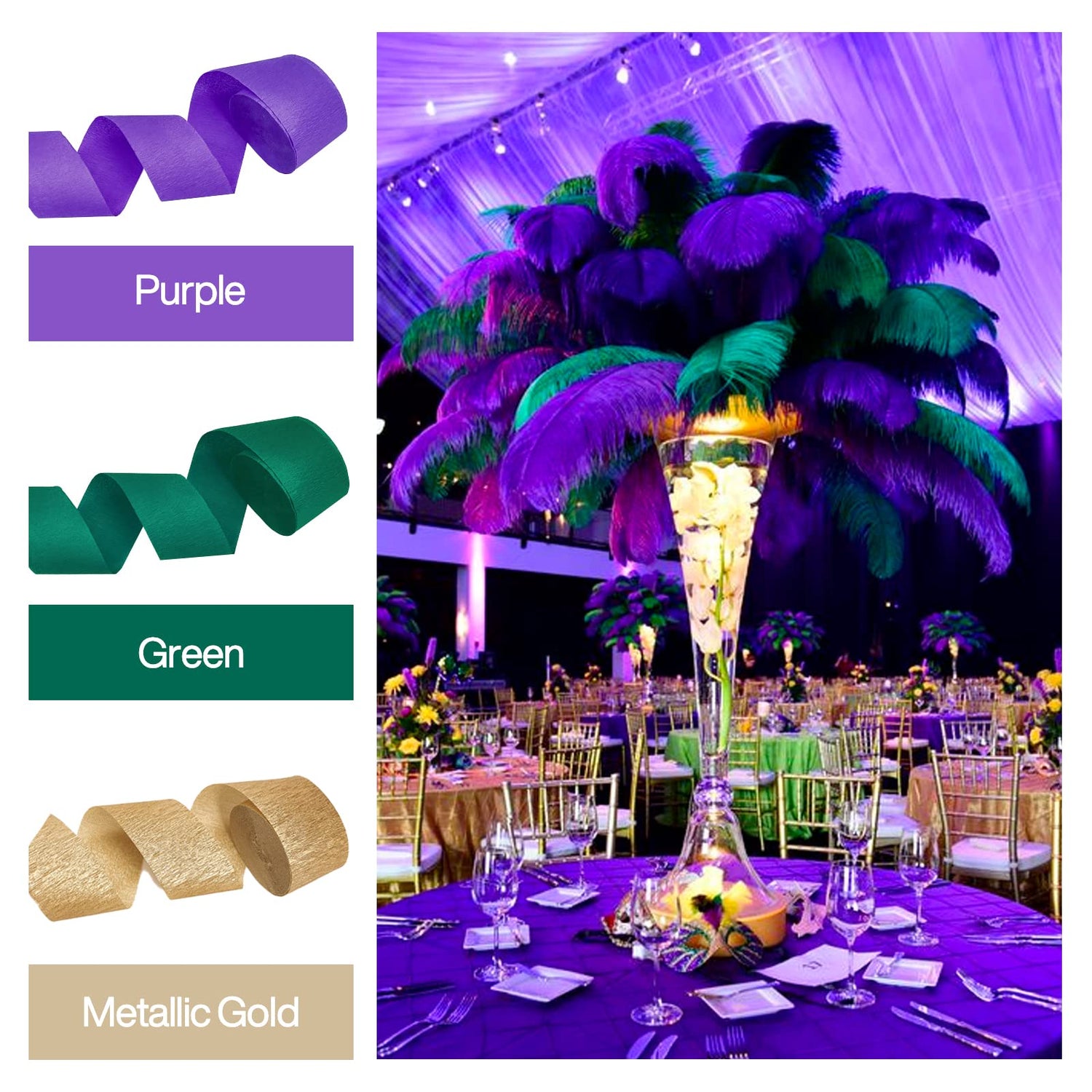 Purple & Gold & Green Crepe Paper 6pcs