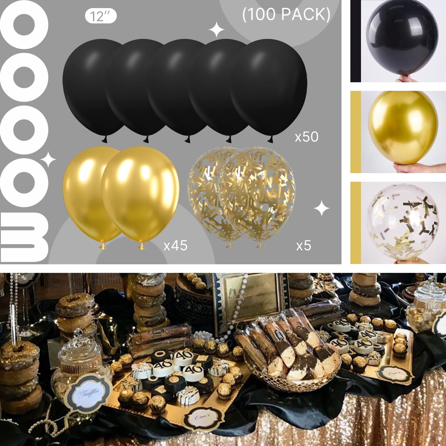 PartyWoo Gold and Black Balloons 100pcs 12 Inch Black and Gold Metallic Balloons for Birthday Wedding Anniversary Graduation Bachelorette Engagement Bridal Shower Retirement Party Decorations