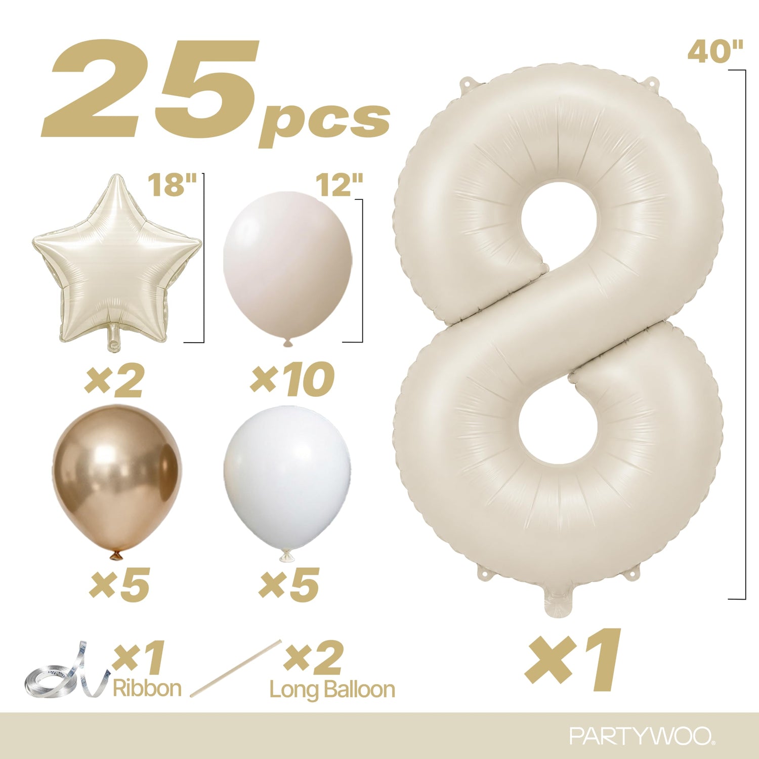 Cream White Number 8 Balloon Set 25pcs (40 inch)