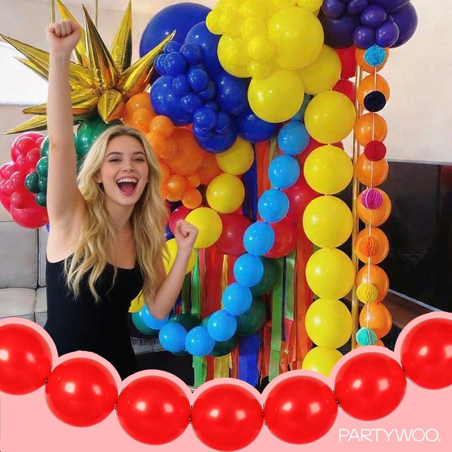 PartyWoo Assorted Colors Rainbow Linking Balloons 100pcs 6 Inch Multicolor Colorful Primary Color Link Balloons for Graduation Baby Shower Unicorn Fiesta Rainbow Birthday Party Decorations
