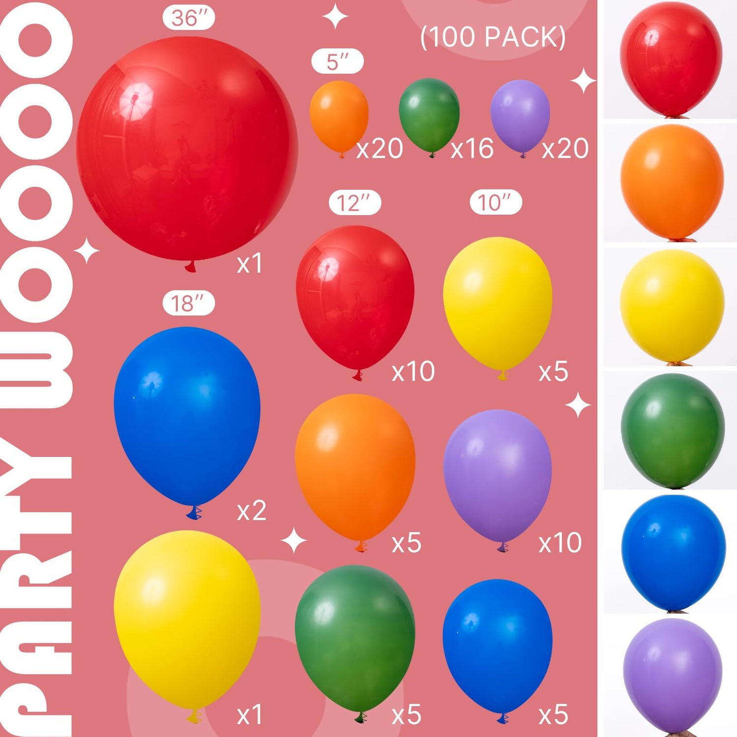 PartyWoo Rainbow Balloon Arch Kit Garland 100 pcs Different Sizes of 36 18 12 10 5 Inch Multicolor Latex Colorful Balloons Assorted Primary Colors for Graduation Baby Shower Birthday Party Decorations
