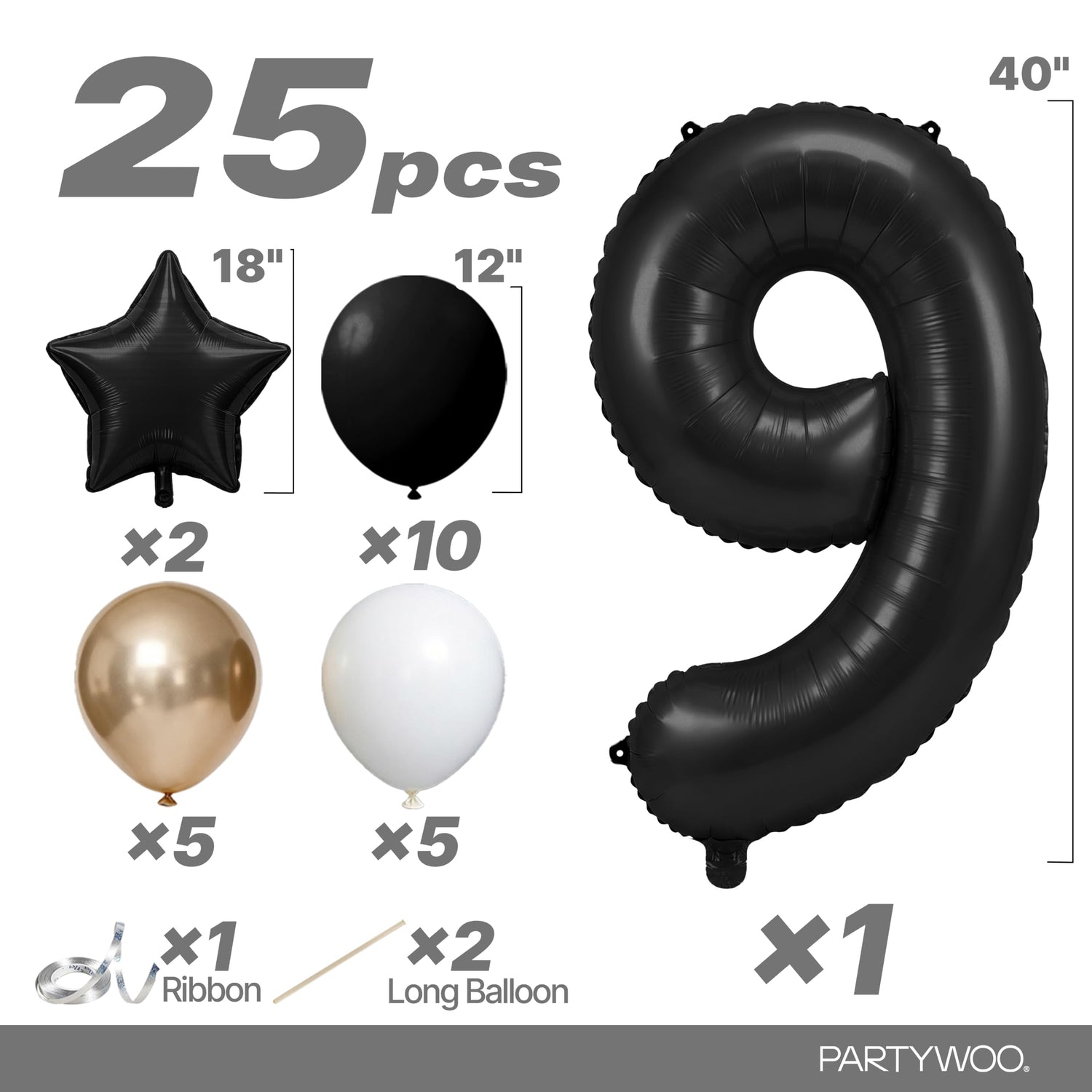 Black-LG12 Number 9 Balloon Set 25pcs (40 inch)