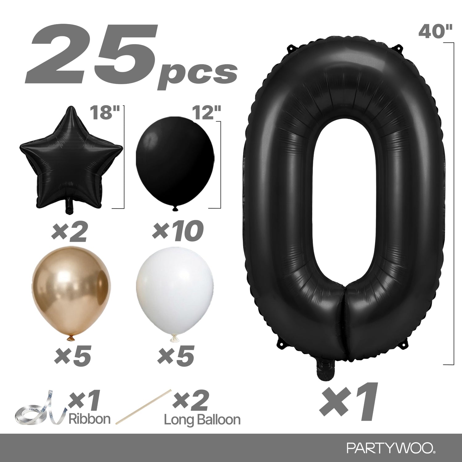 Black-LG12 Number 0 Balloon Set 25pcs (40 inch)