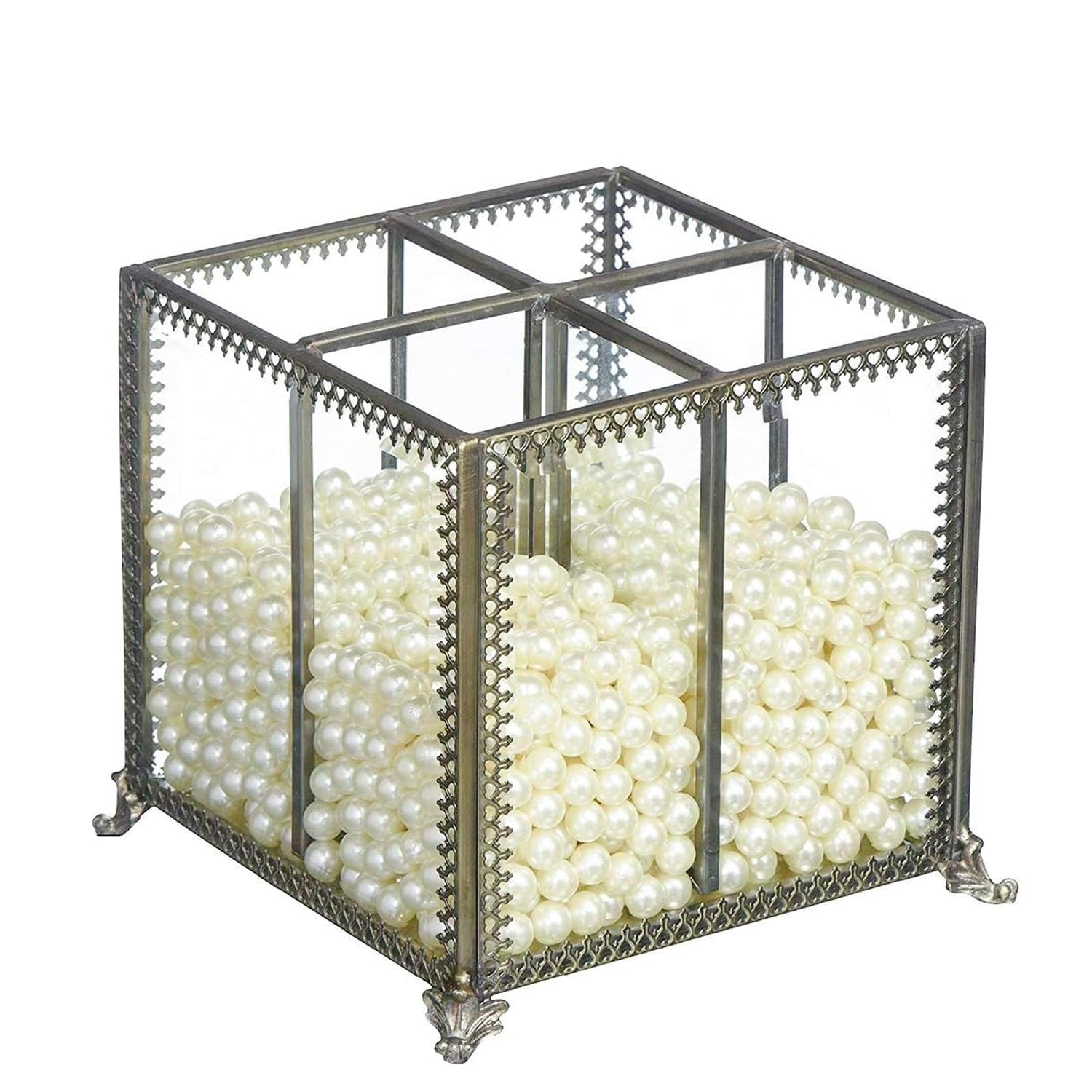 PuTwo Makeup Organizer Vintage 4 Sections Makeup Brushes Holder Make Up Storage with Free White Pearls