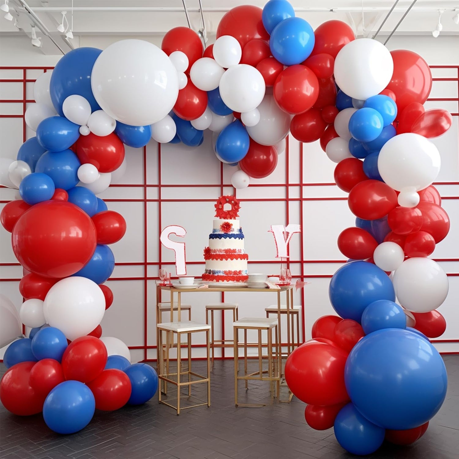 Blue & Red & White & Silver Balloons Arch Kit Garland 140pcs (5/10/12/18 inch)
