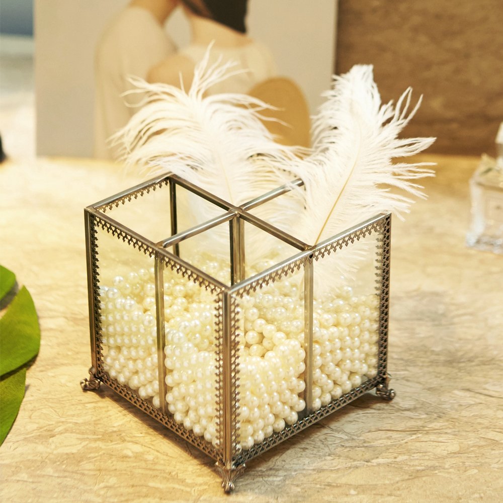 PuTwo Makeup Organizer Vintage 4 Sections Makeup Brushes Holder Make Up Storage with Free White Pearls