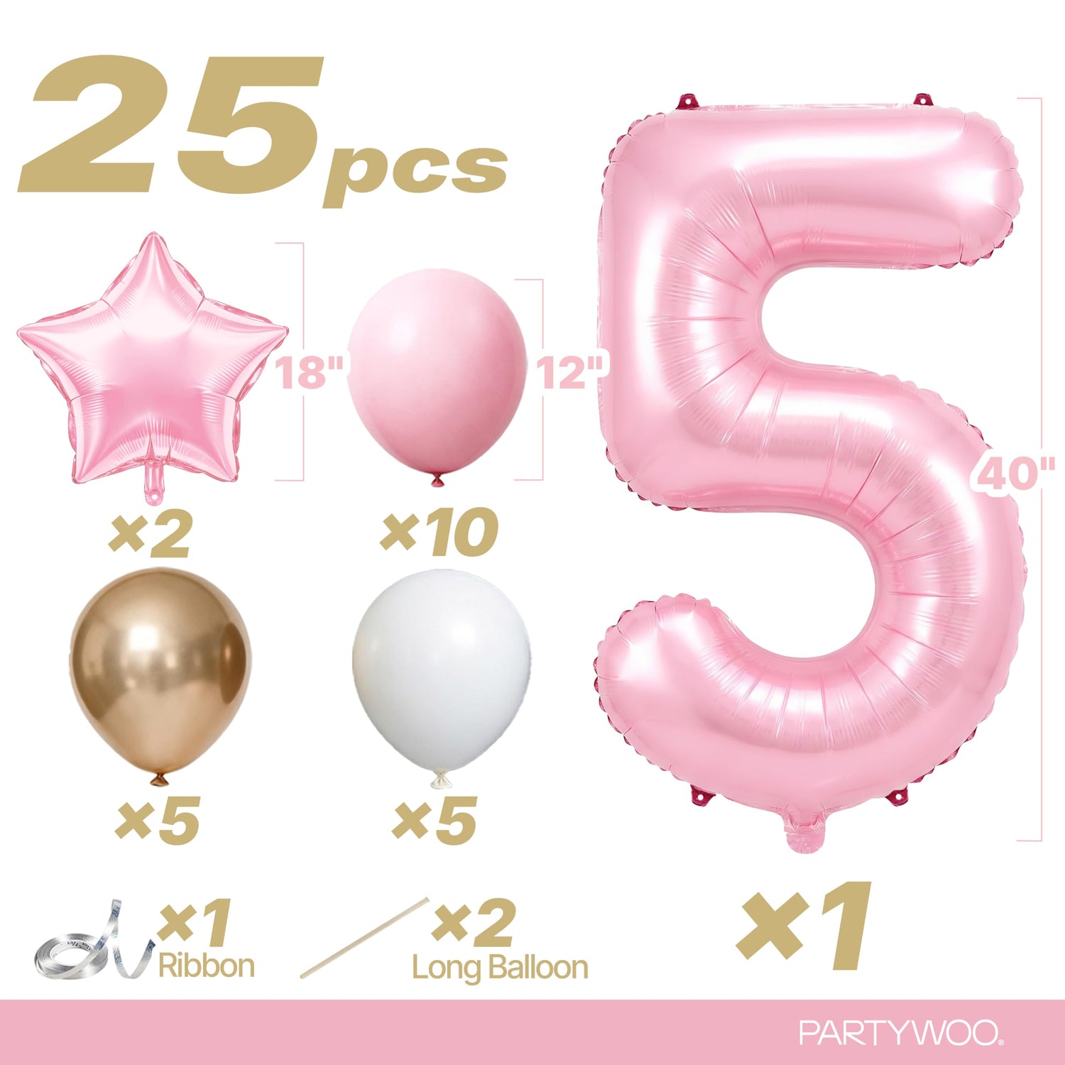 Baby Pink-A73 Number 5 Balloon Set 25pcs (40 inch)