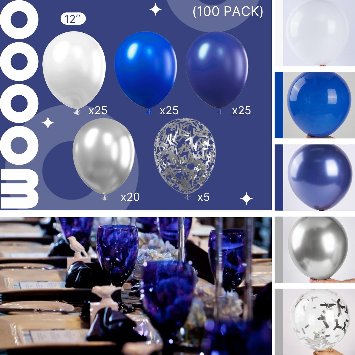 Blue & Navy Blue & Silver Balloons 100pcs