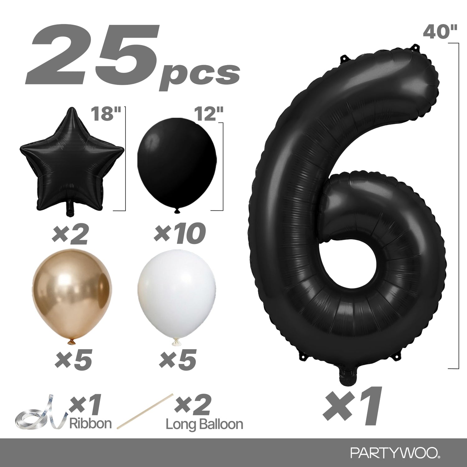 Black-LG12 Number 6 Balloon Set 25pcs (40 inch)