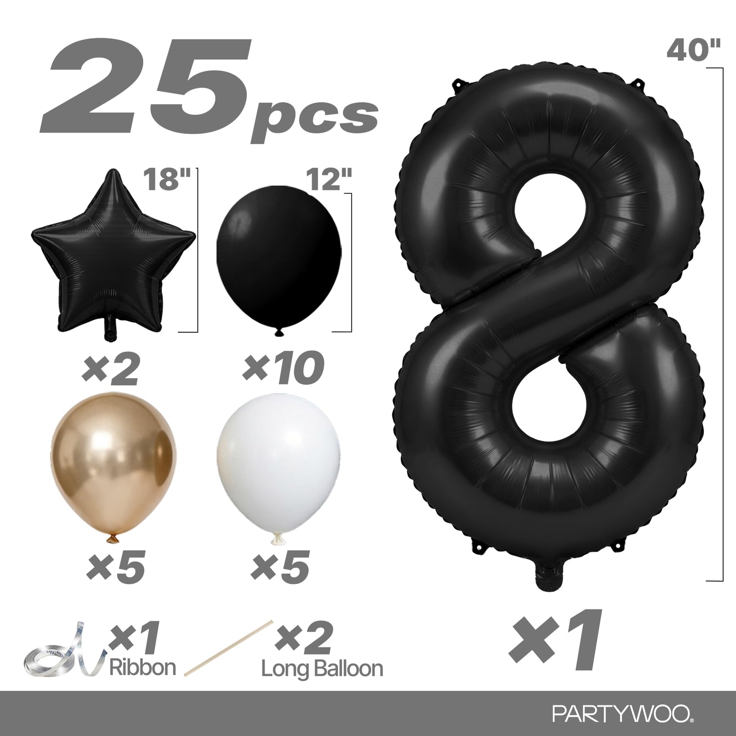 Black-LG12 Number 8 Balloon Set 25pcs (40 inch)