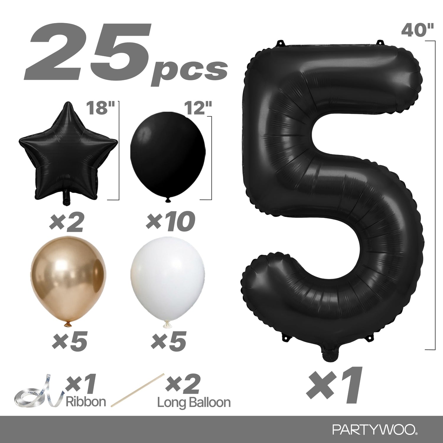 Black-LG12 Number 5 Balloon Set 25pcs (40 inch)
