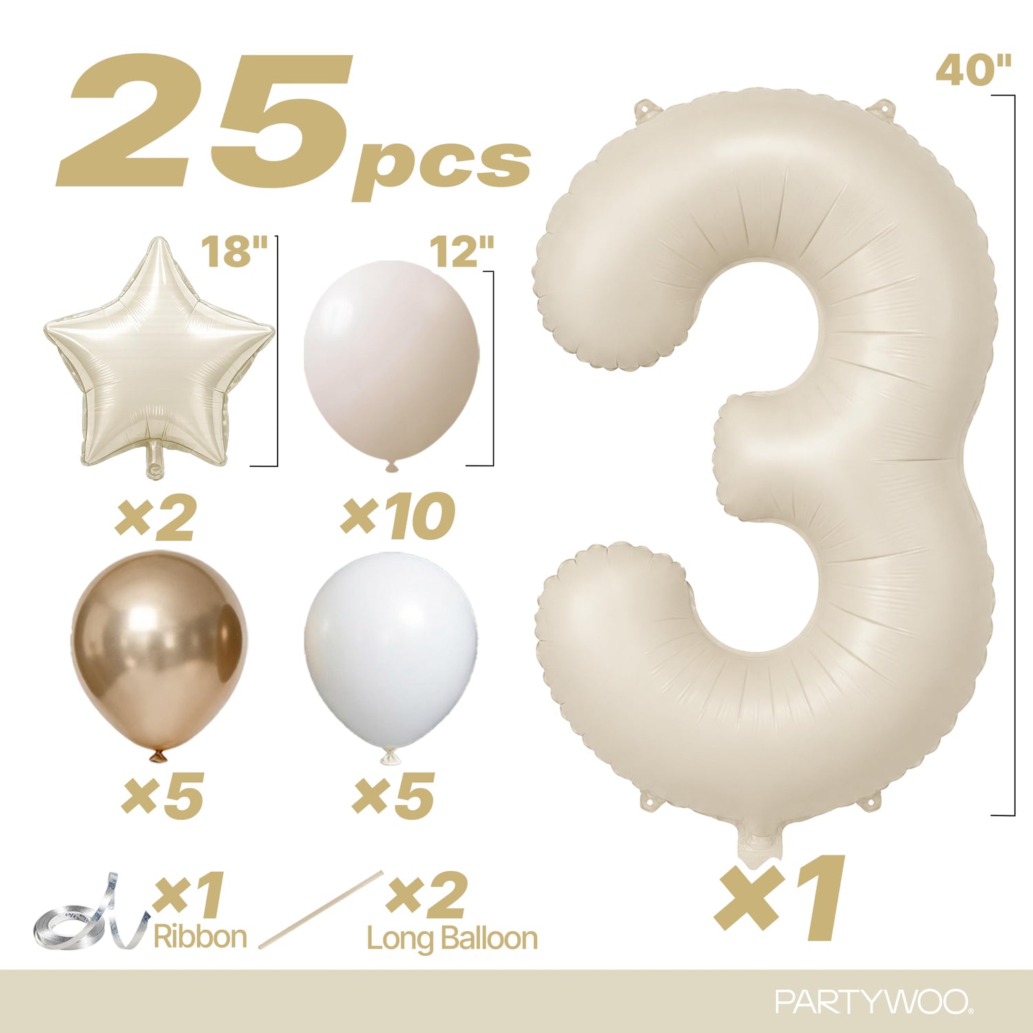 Cream White Number 3 Balloon Set 25pcs (40 inch)