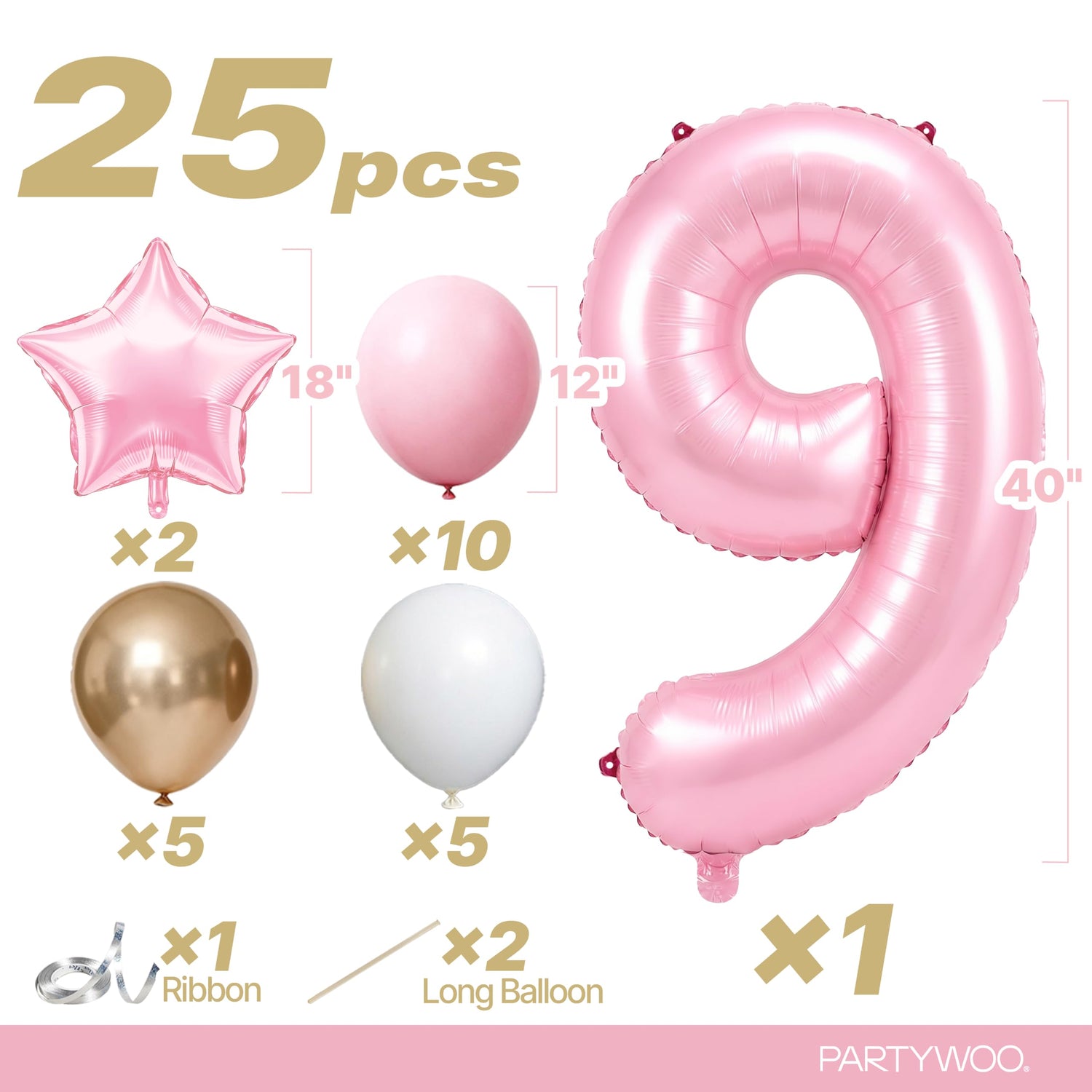 Baby Pink-A73 Number 9 Balloon Set 25pcs (40 inch)