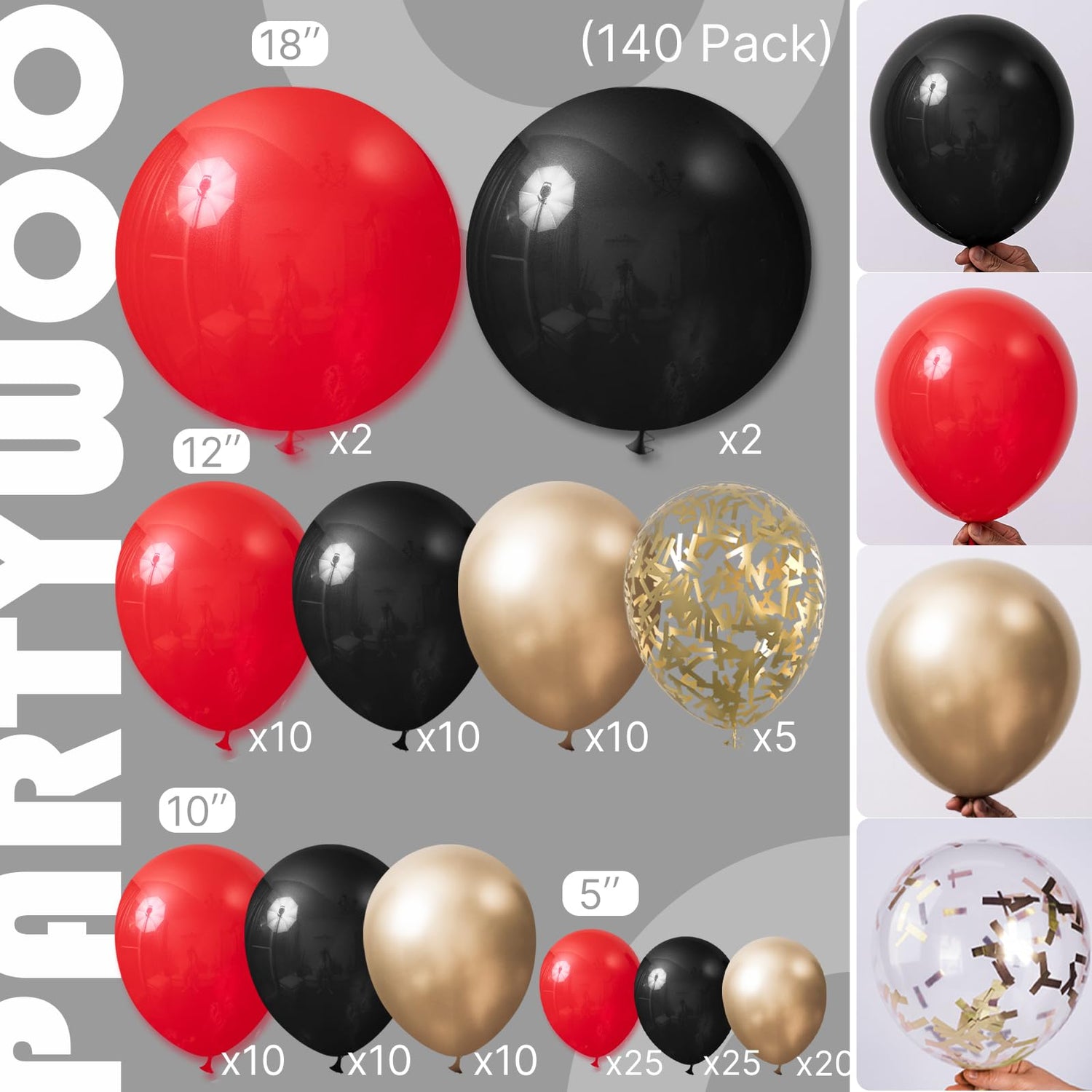 Black & Red & Gold Balloons Arch Kit Garland 140pcs (5/10/12/18 inch)