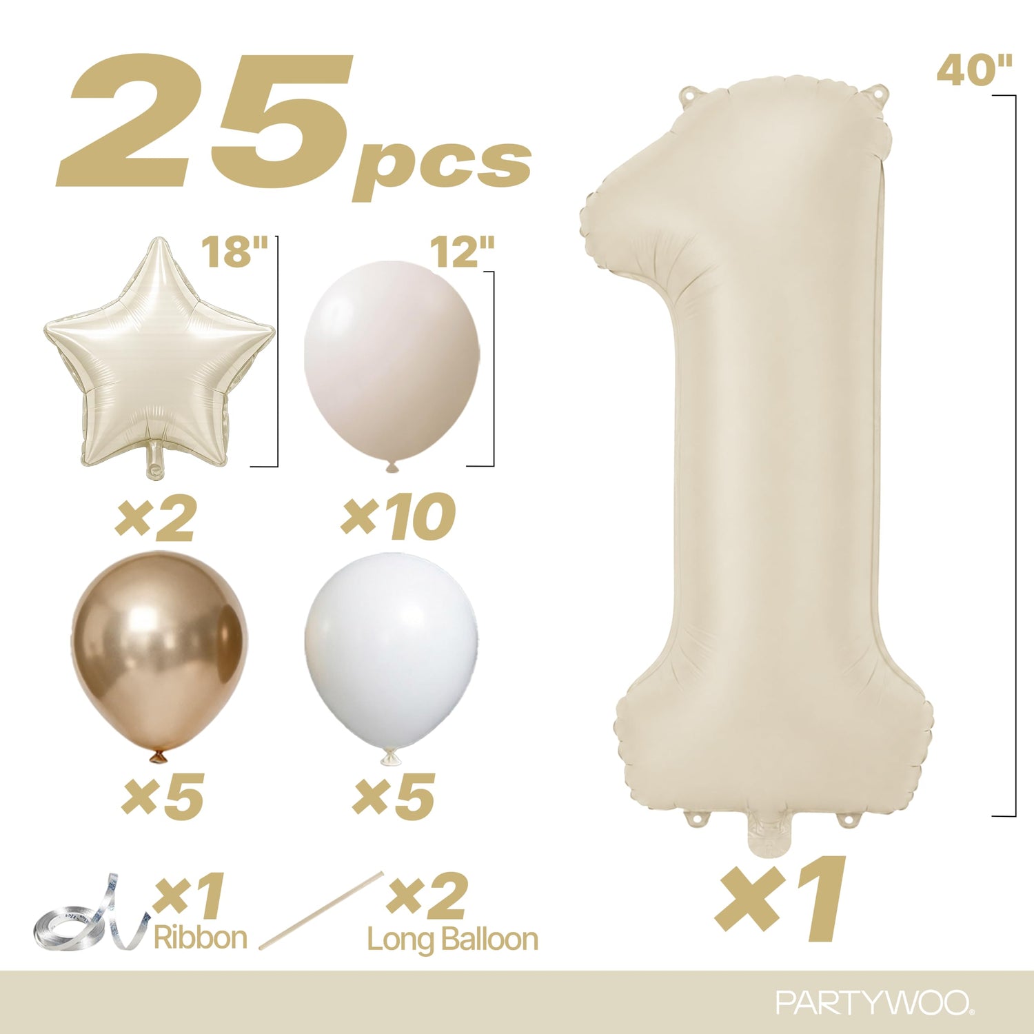 Cream White Number 1 Balloon Set 25pcs (40 inch)