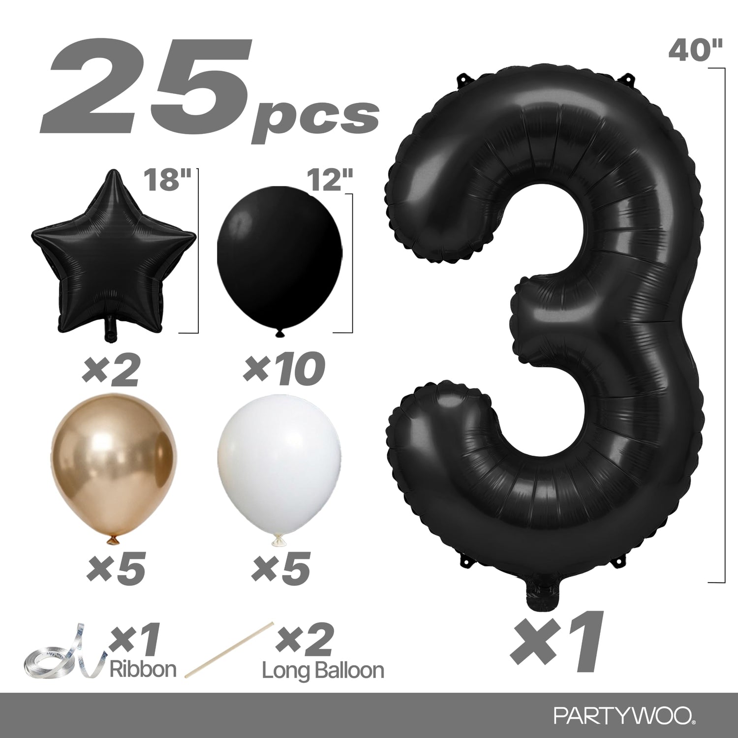 Black-LG12 Number 3 Balloon Set 25pcs (40 inch)