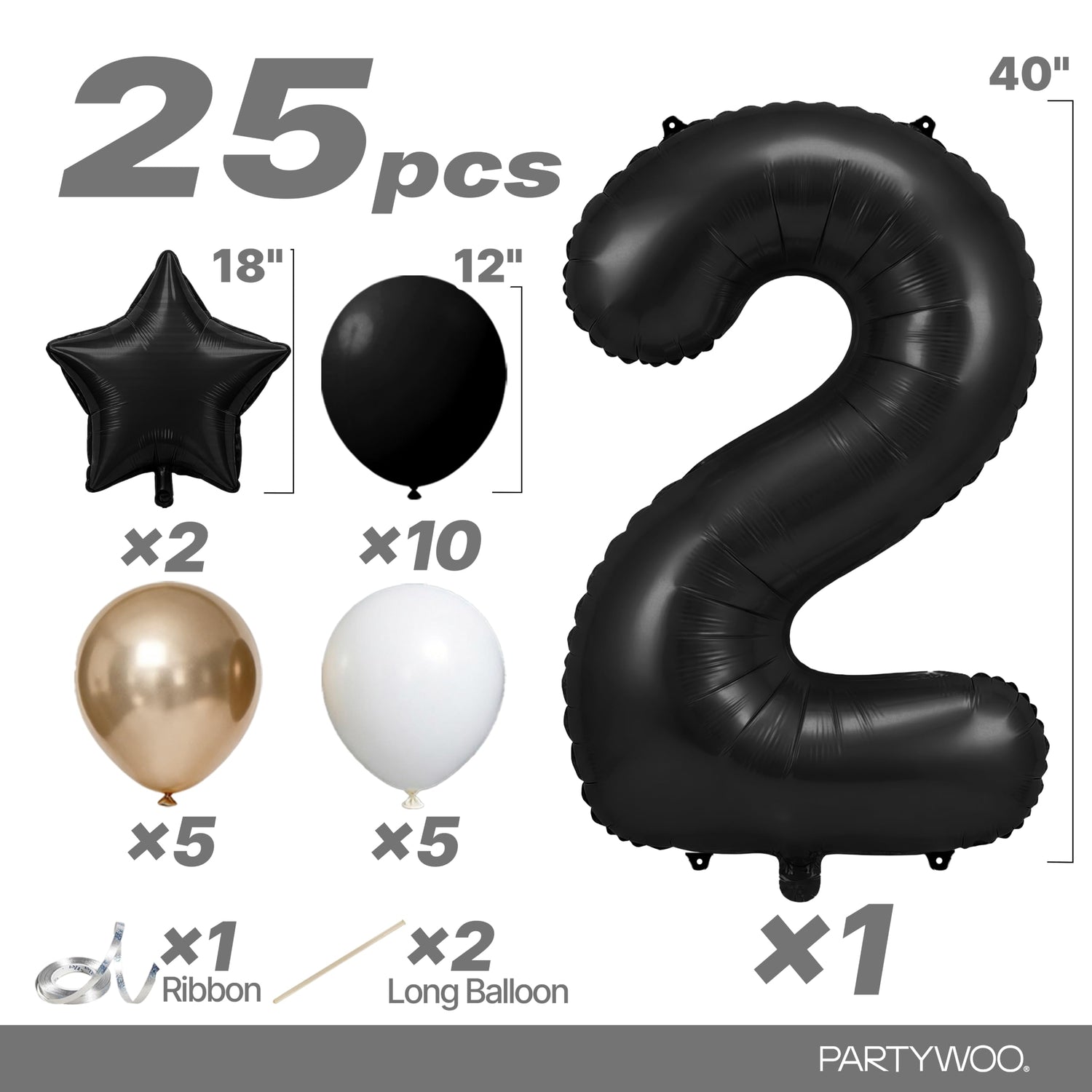 Black-LG12 Number 2 Balloon Set 25pcs (40 inch)