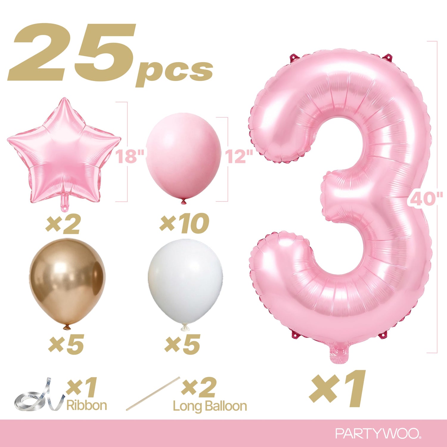 Baby Pink-A73 Number 3 Balloon Set 25pcs (40 inch)