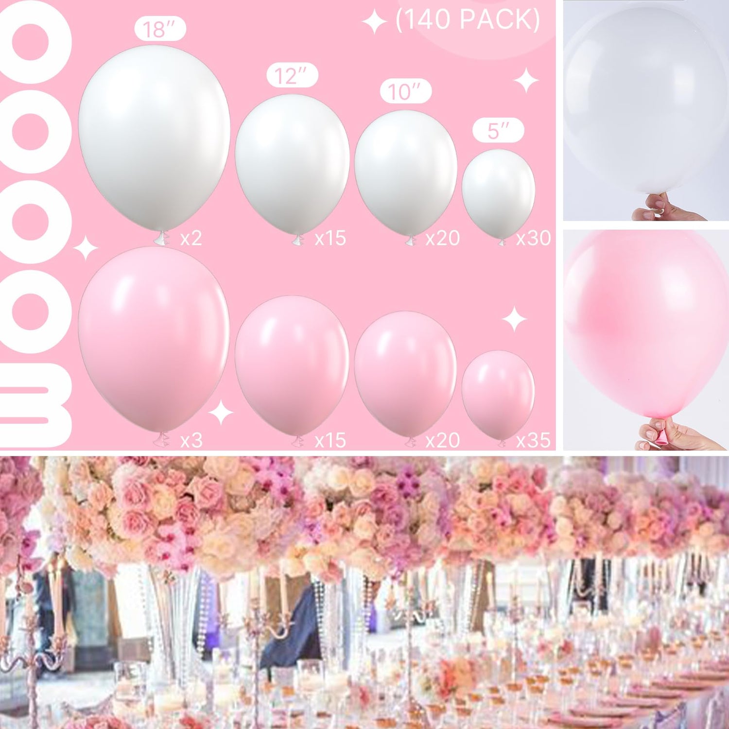 White-Y13 & Pink-Q05 Balloons Arch Kit Garland 140pcs (5/10/12/18 inch)