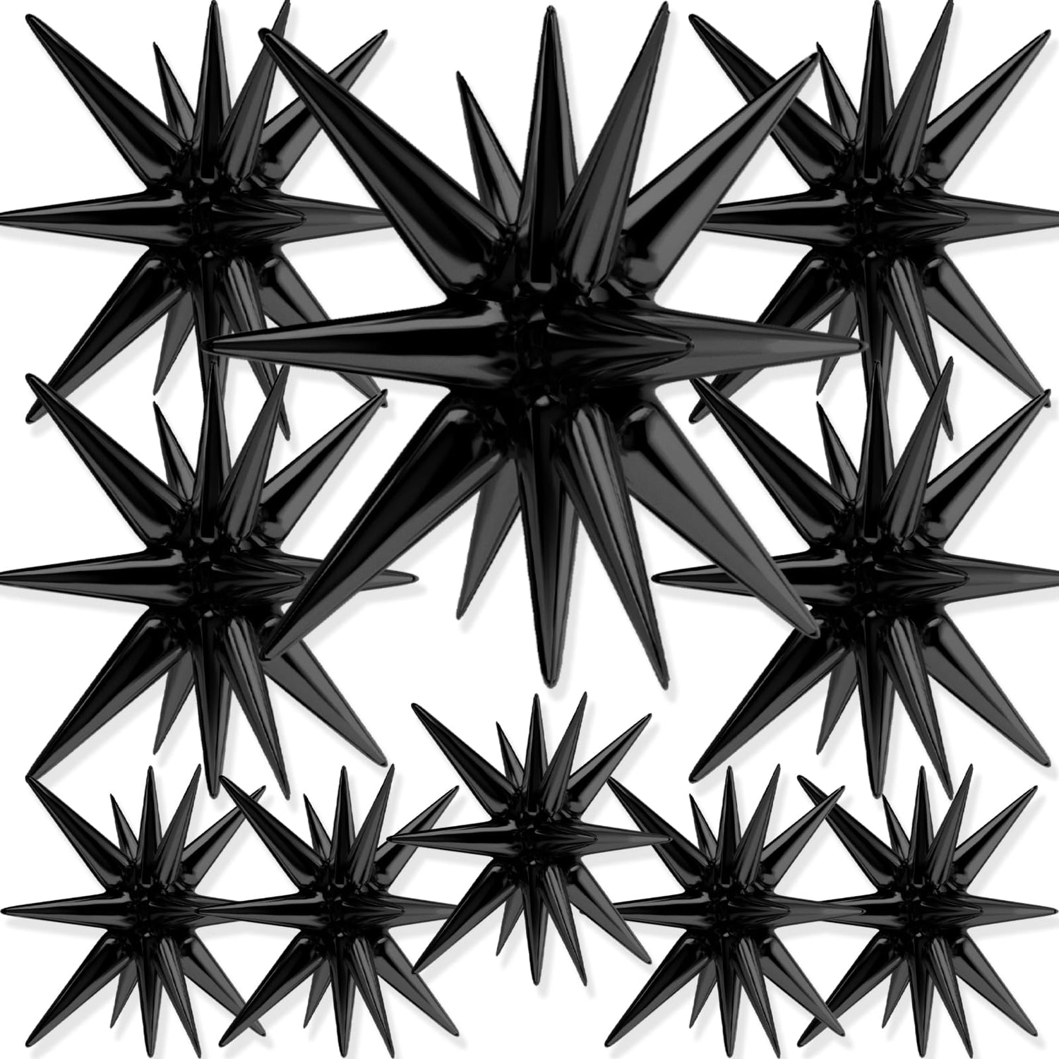PartyWoo Black Star Foil Balloons 10 pcs Different Sizes Pack of 42 27 22 Inch Large Spike Starburst Mylar Balloons and Ribbon for Graduation Halloween New Year Anniversary Birthday Party Decorations