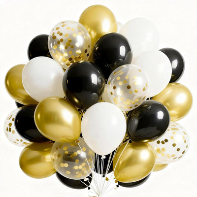 PartyWoo Black and Gold Balloons 65pcs 12 Inch Matte Black White Metallic Chrome Gold Confetti Balloons for Graduation Baby Shower Birthday New Year's Eve Anniversary Bachelorette Party Decorations