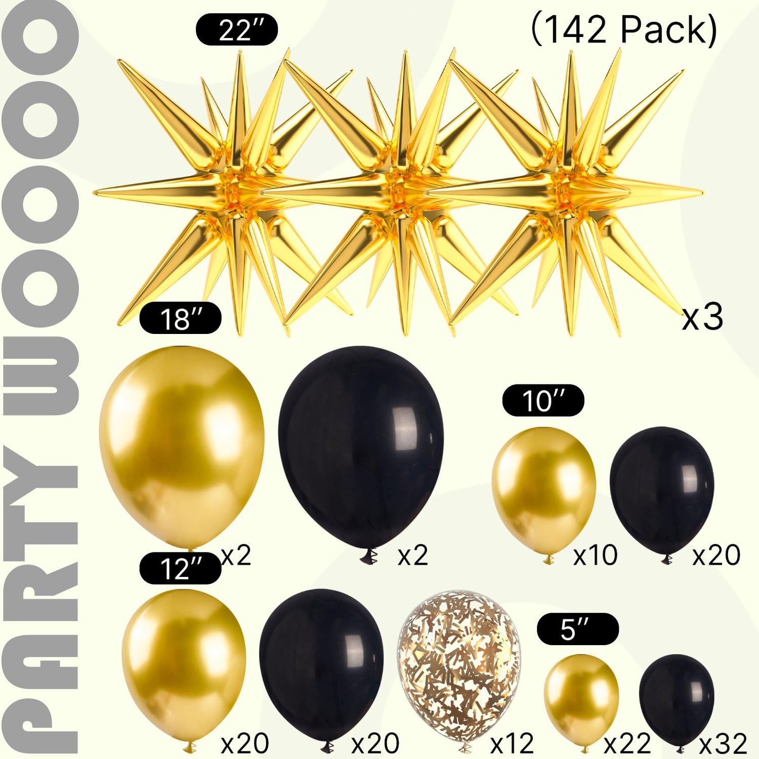 PartyWoo Black and Gold Balloon Arch Kit Garland 142pcs Different Sizes of 18 12 10 5 Inch Black Metallic Gold Confetti 22 Inch Star Balloons for Graduation Birthday New Year's Eve Party Decorations
