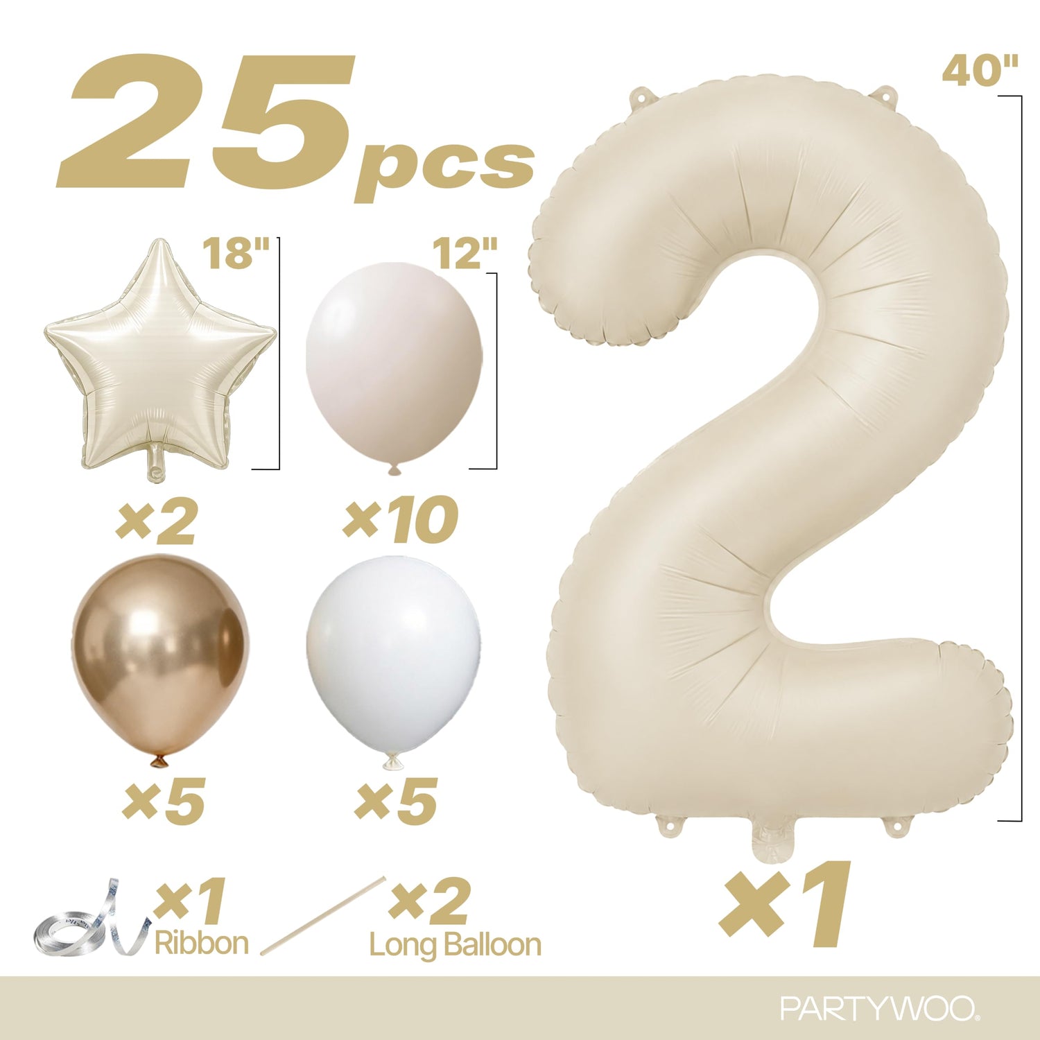 Cream White Number 2 Balloon Set 25pcs (40 inch)