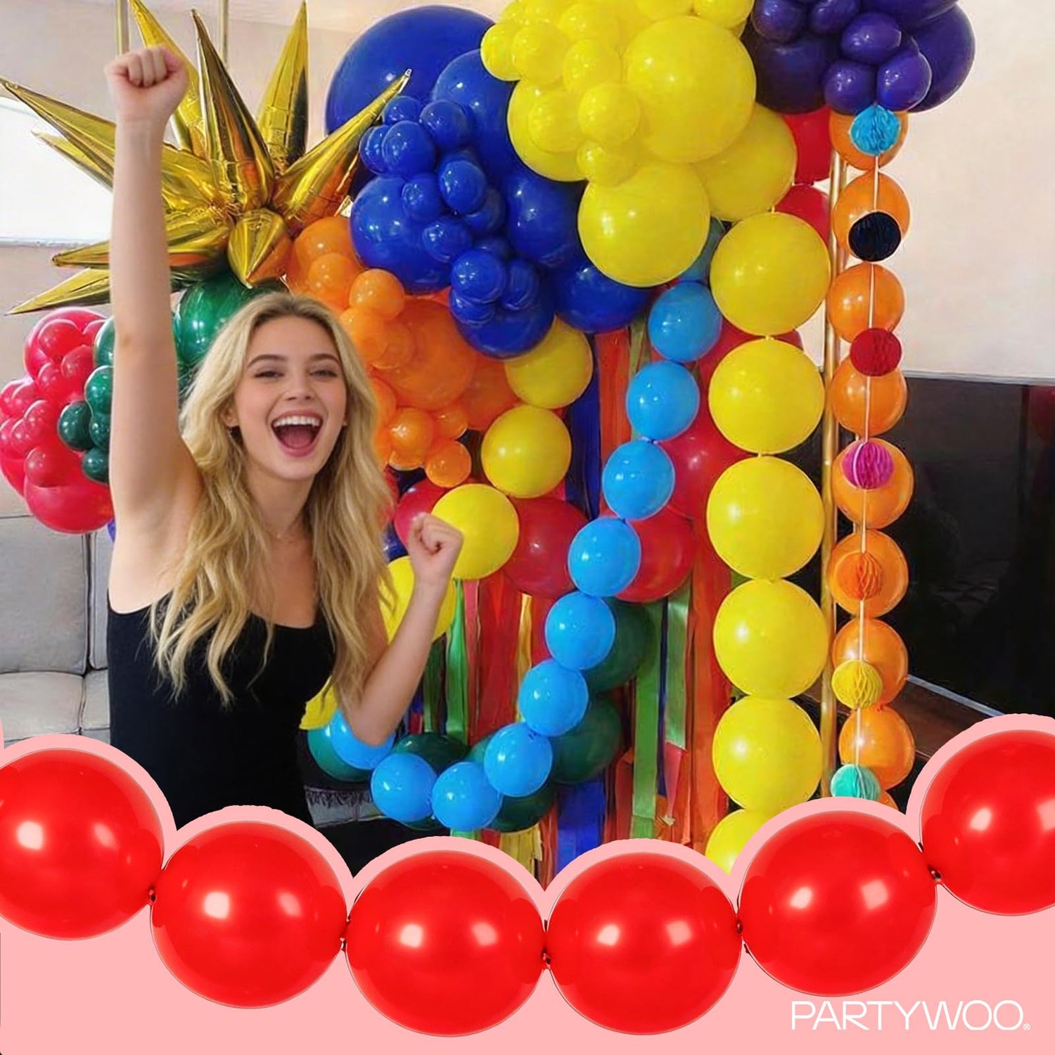 PartyWoo Assorted Colors Rainbow Linking Balloons 100pcs 12 Inch Multicolor Colorful Primary Color Link Balloons for Graduation Baby Shower Unicorn Fiesta Rainbow Birthday Party Decorations