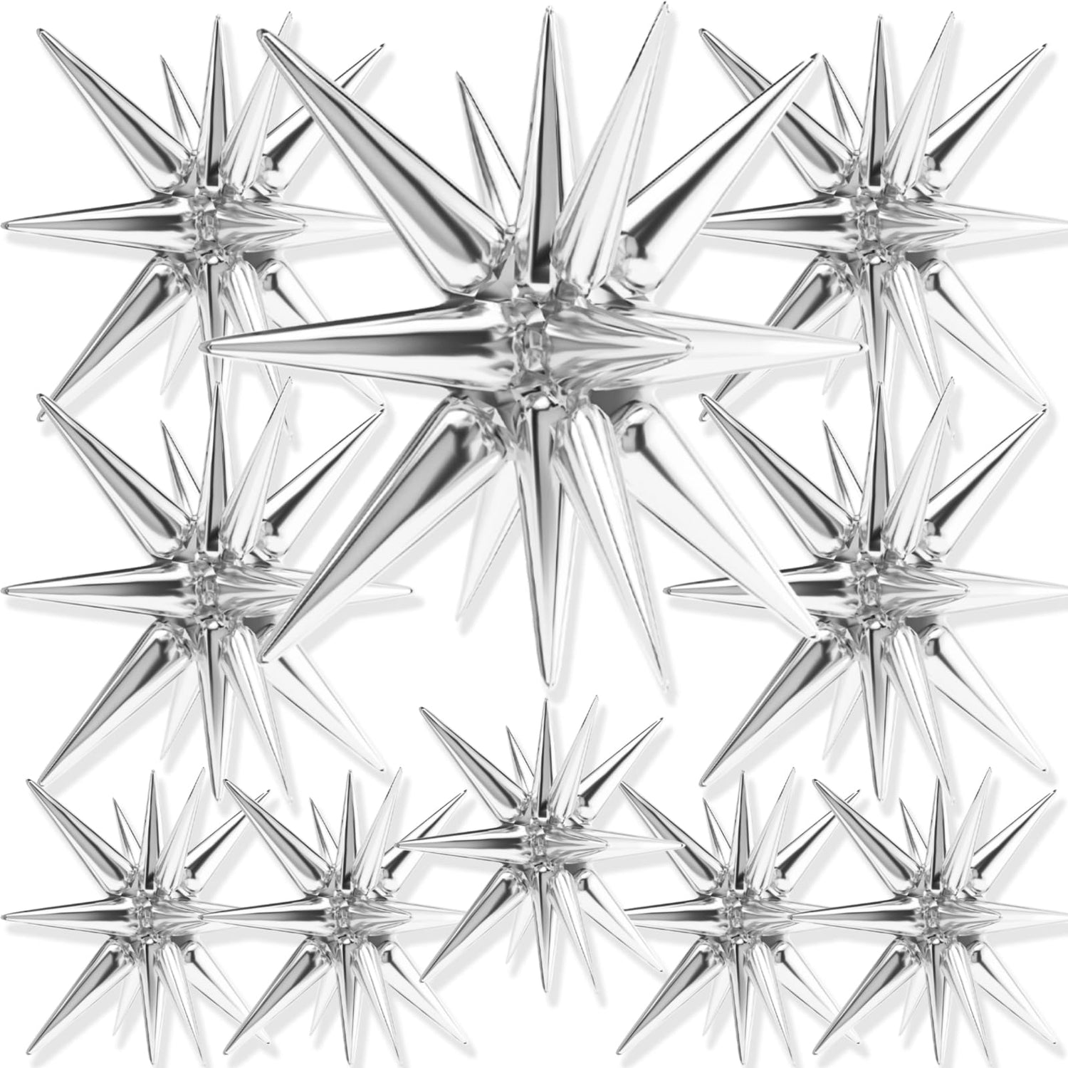 PartyWoo Silver Star Foil Balloons 10 pcs Different Sizes Pack of 42 27 22 Inch Large Spike Starburst Mylar Balloons and Ribbon for Graduation Wedding New Year Anniversary Birthday Party Decorations