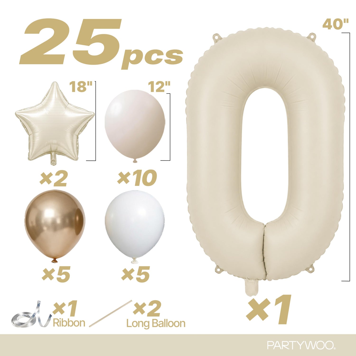 Cream White Number 0 Balloon Set 25pcs (40 inch)