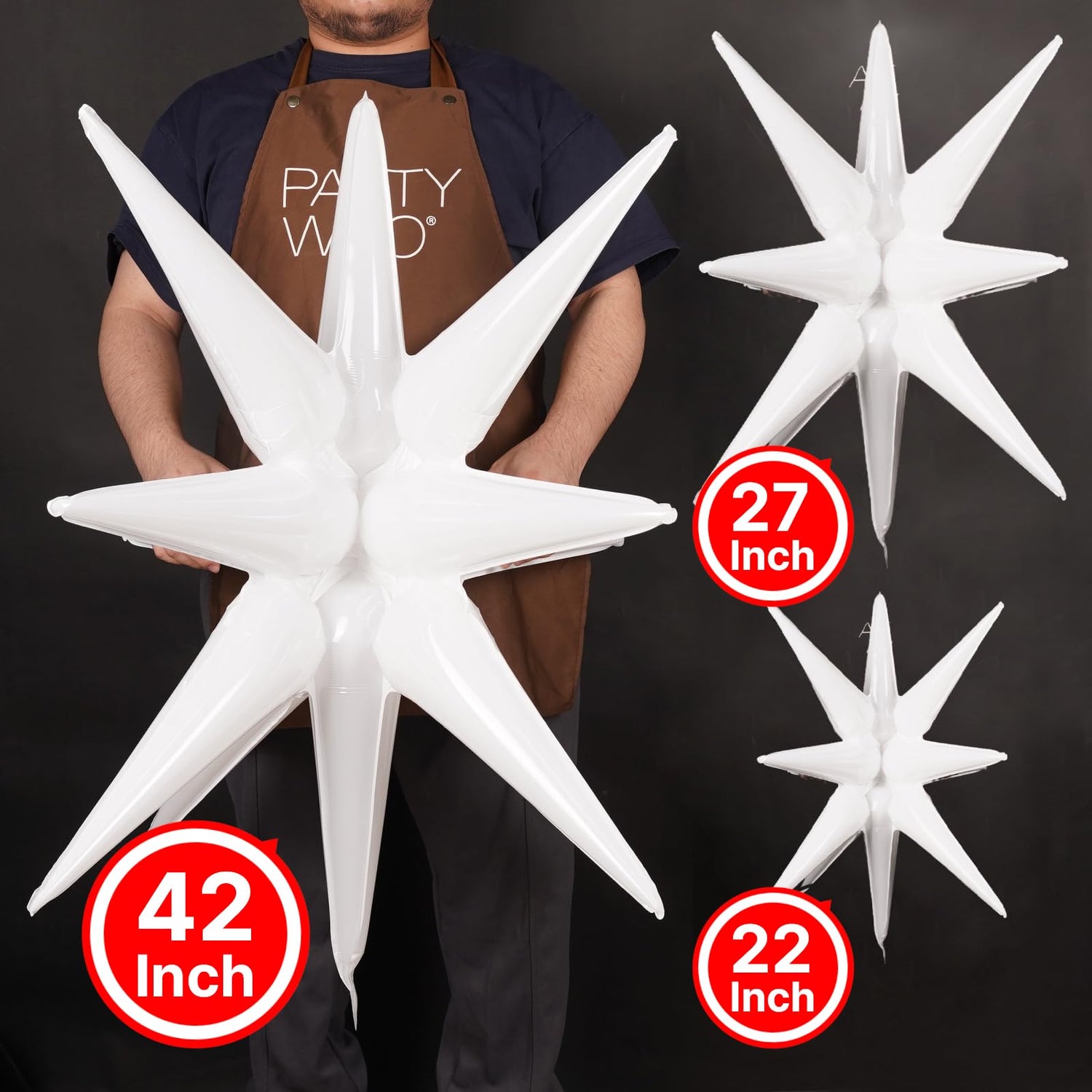 PartyWoo White Star Balloons 10 pcs Different Sizes Pack of 42 27 22 Inch Large Spike Starburst Foil Mylar Balloons and Ribbon for Graduation Wedding Engagement Baby Shower Birthday Party Decorations