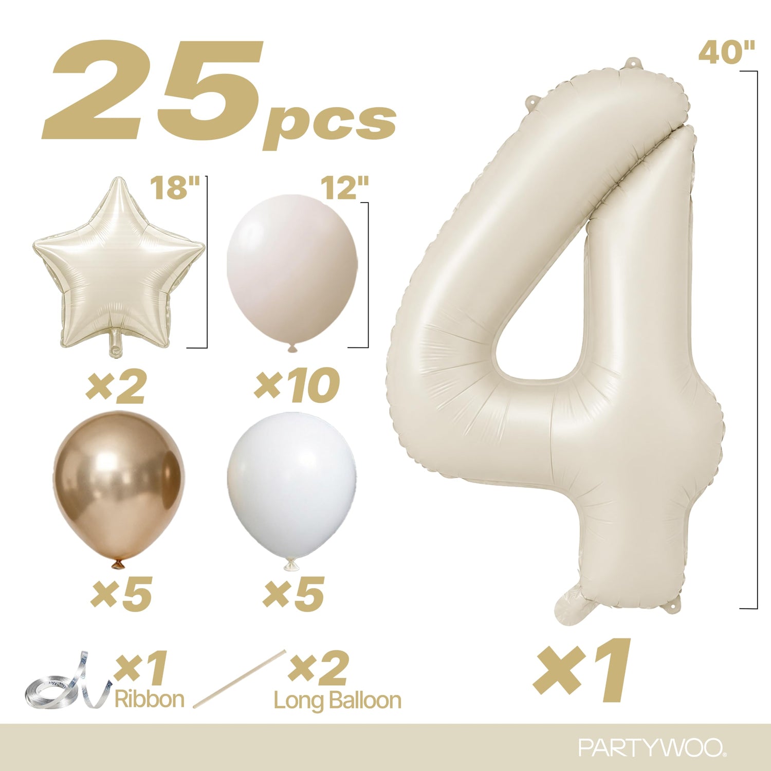 Cream White Number 4 Balloon Set 25pcs (40 inch)