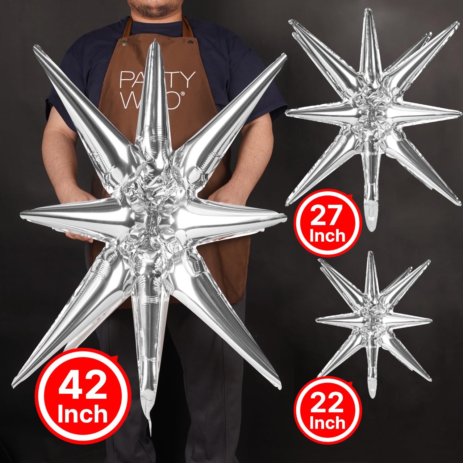PartyWoo Silver Star Foil Balloons 10 pcs Different Sizes Pack of 42 27 22 Inch Large Spike Starburst Mylar Balloons and Ribbon for Graduation Wedding New Year Anniversary Birthday Party Decorations