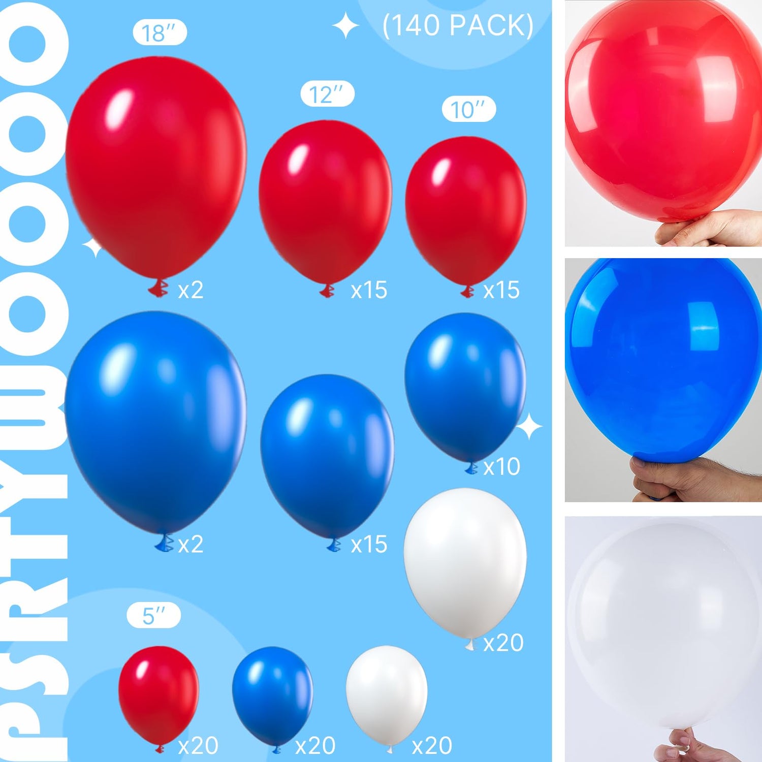 Blue & Red & White & Silver Balloons Arch Kit Garland 140pcs (5/10/12/18 inch)