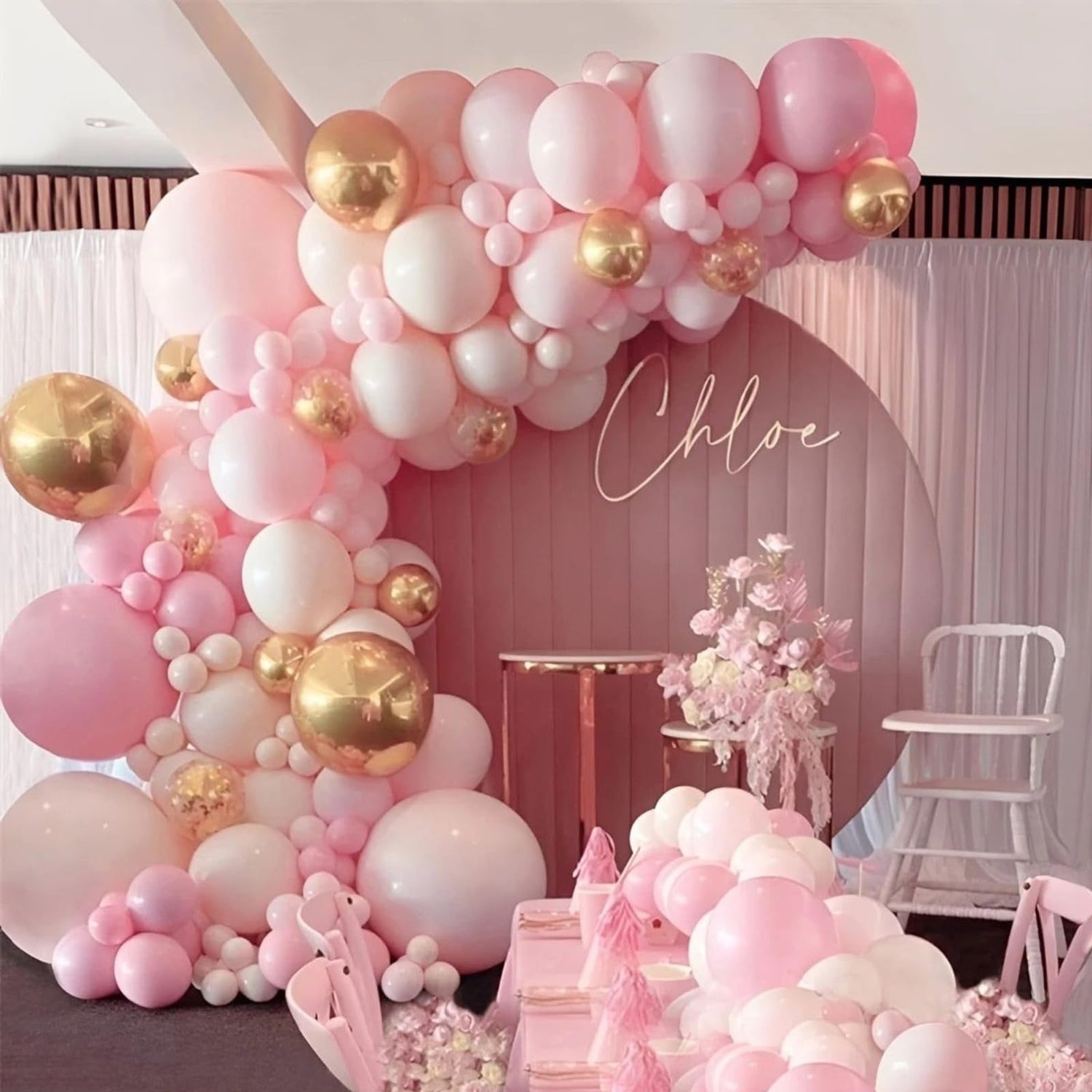 Pink & White & Gold Balloons Arch Kit Garland 140pcs (5/10/12/18 inch)