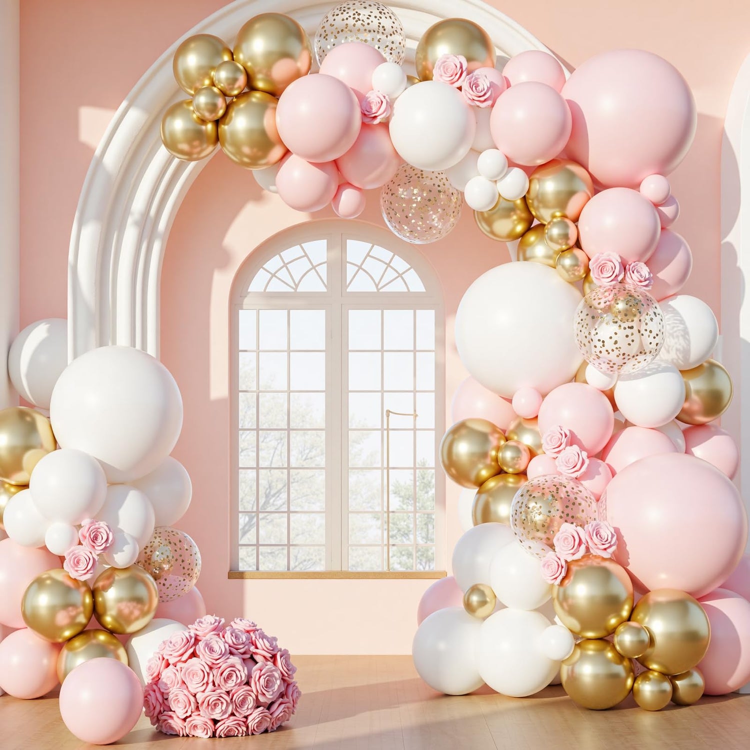 Pink & White & Gold Balloons Arch Kit Garland 140pcs (5/10/12/18 inch)