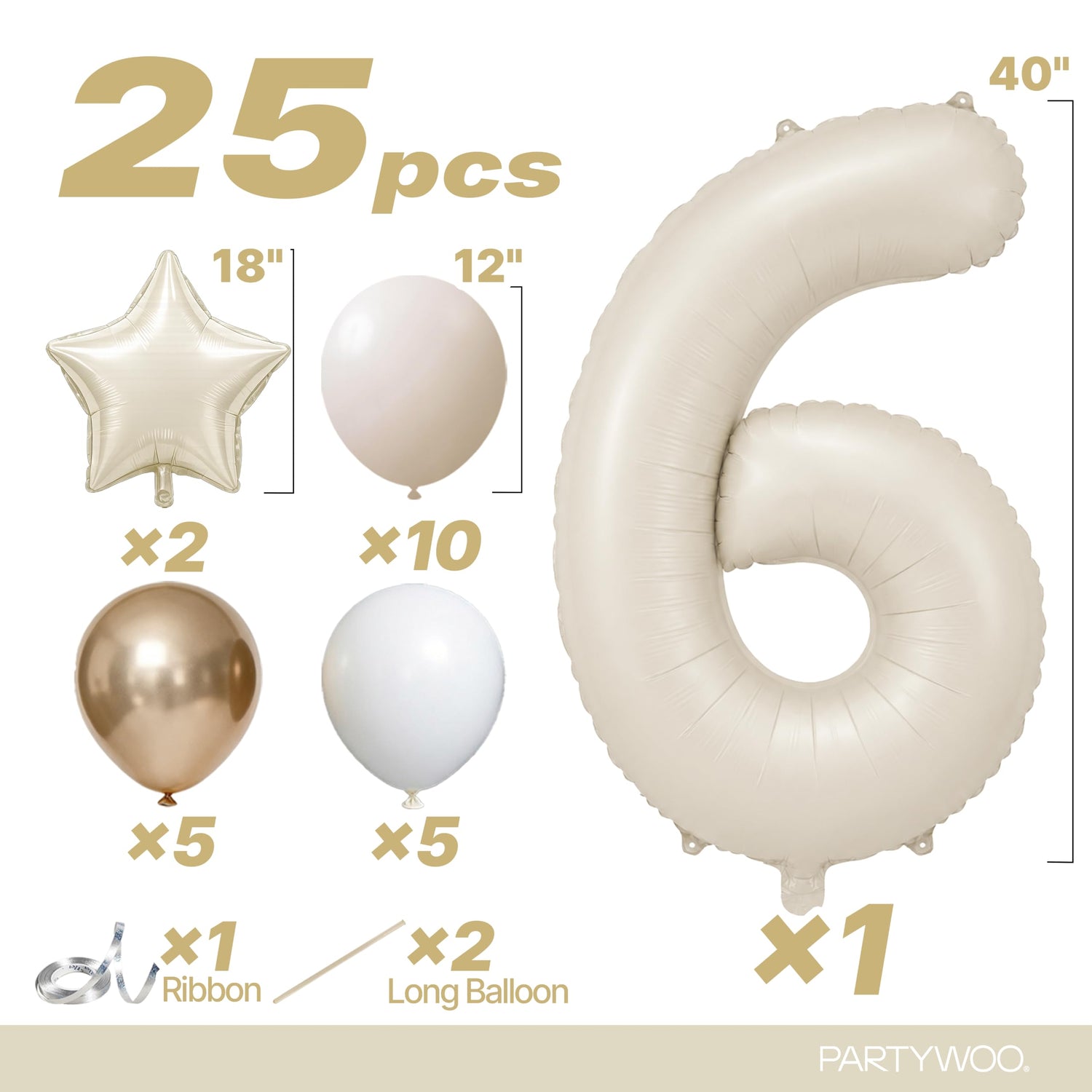Cream White Number 6 Balloon Set 25pcs (40 inch)