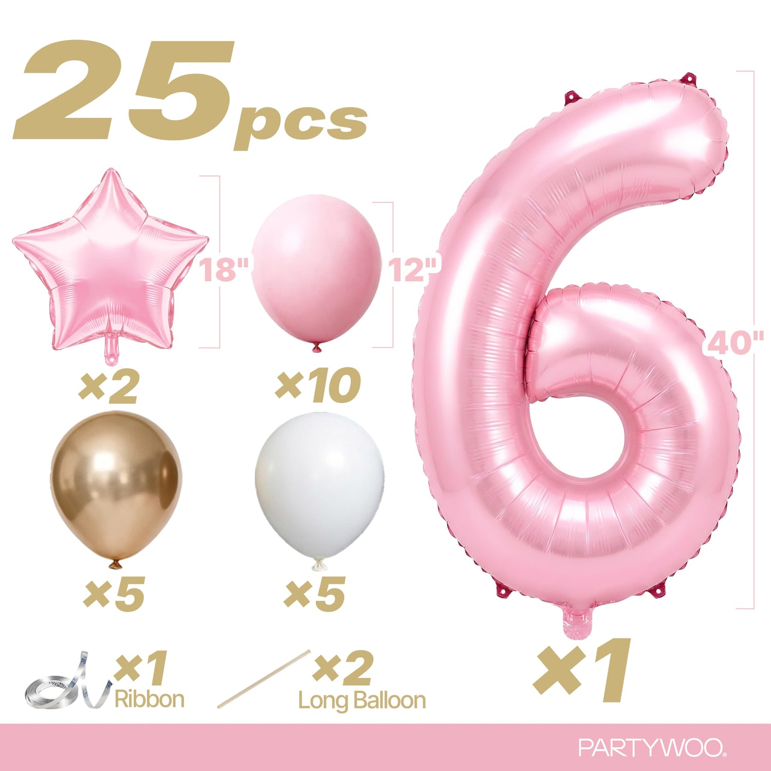Baby Pink-A73 Number 6 Balloon Set 25pcs (40 inch)