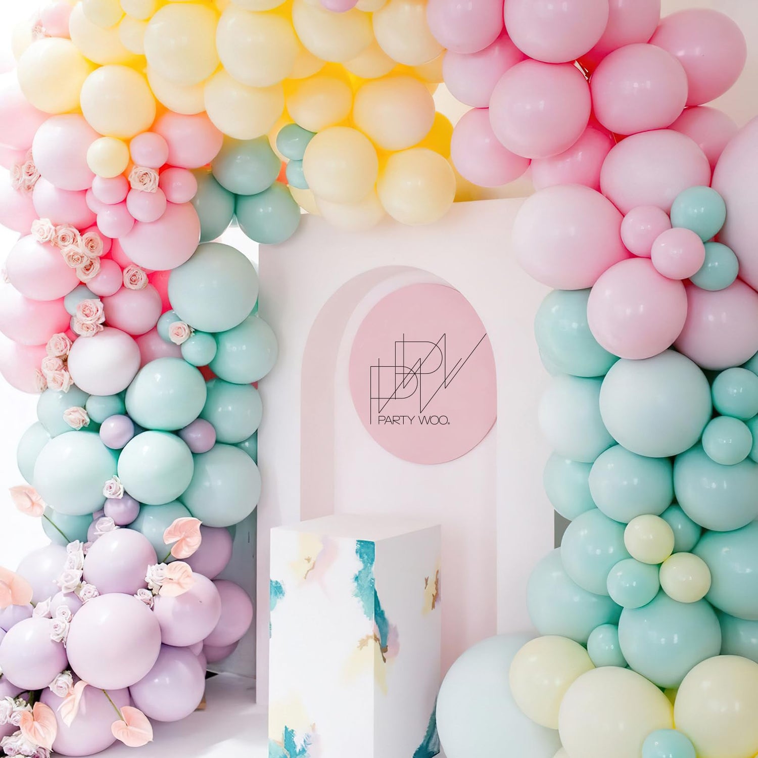 PartyWoo Pastel Balloon Arch Kit Garland 152pcs Different Sizes of 18 12 10 5 Inch Light Baby Pale Pink Blue Green Purple Yellow Orange Balloons for Baby Shower Graduation Birthday Party Decorations