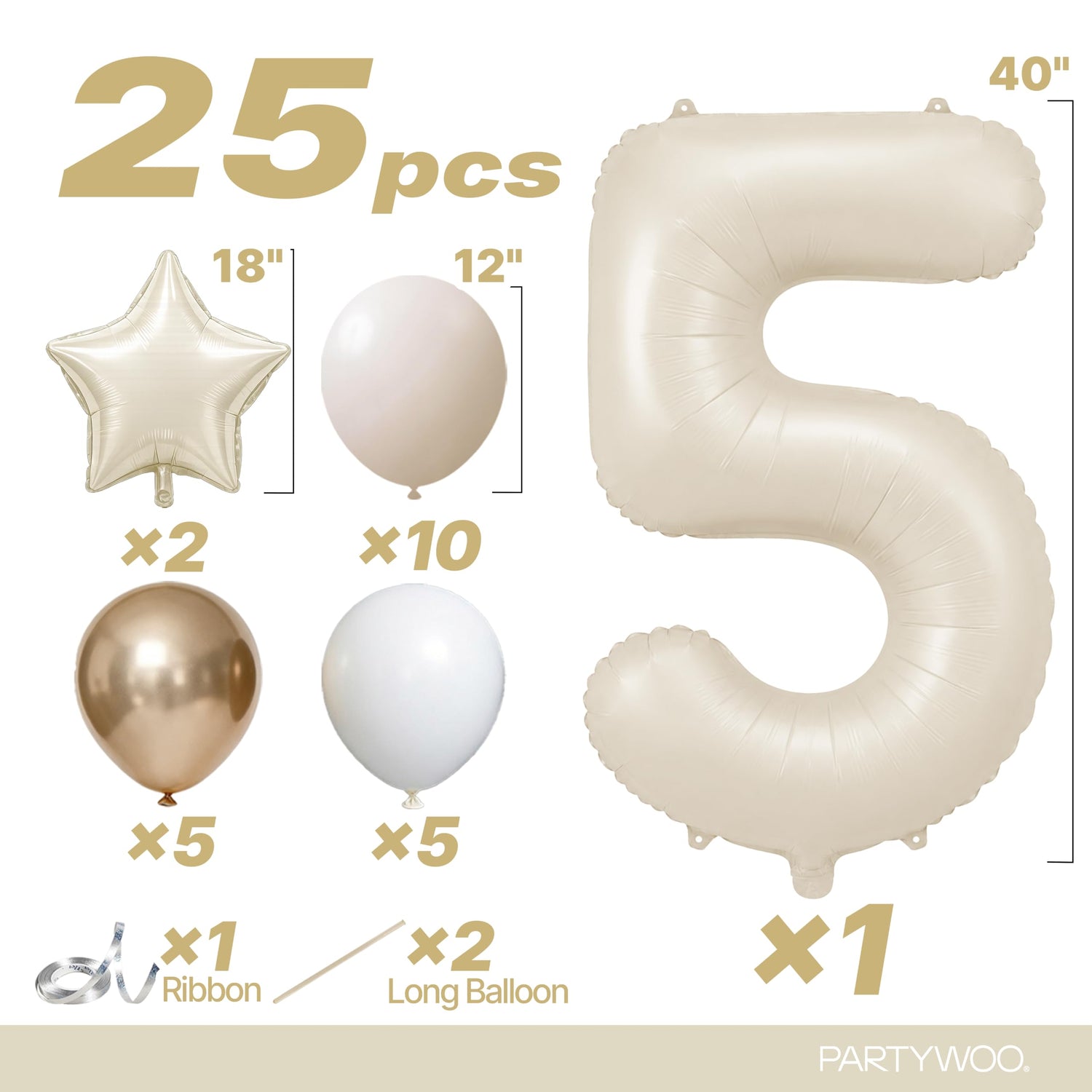 Cream White Number 5 Balloon Set 25pcs (40 inch)
