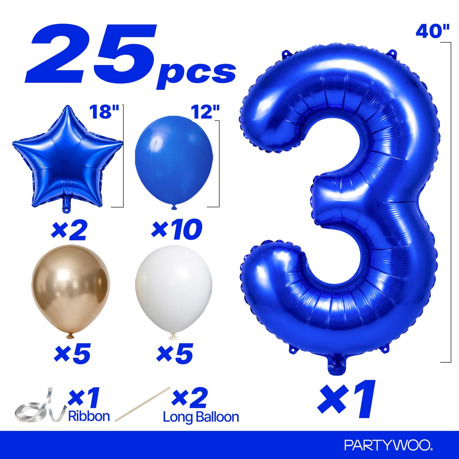 Dark Blue Number 3 Balloon Set 25pcs (40 inch)