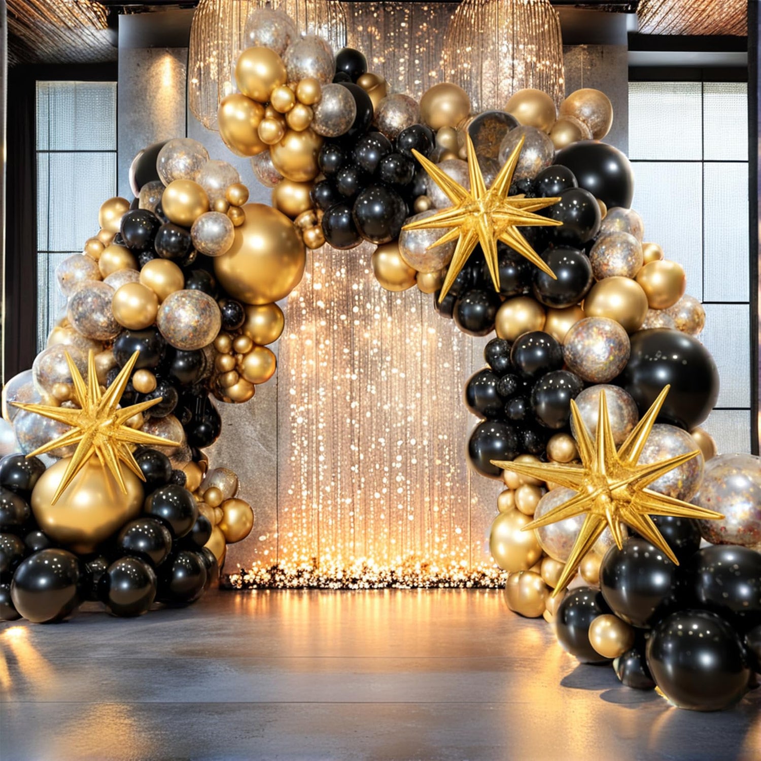 PartyWoo Black and Gold Balloon Arch Kit Garland 140pcs Different Sizes of 18 12 10 5 Inch Black Metallic Gold Confetti 22 Inch Star Balloons for Graduation Birthday New Year's Eve Party Decorations