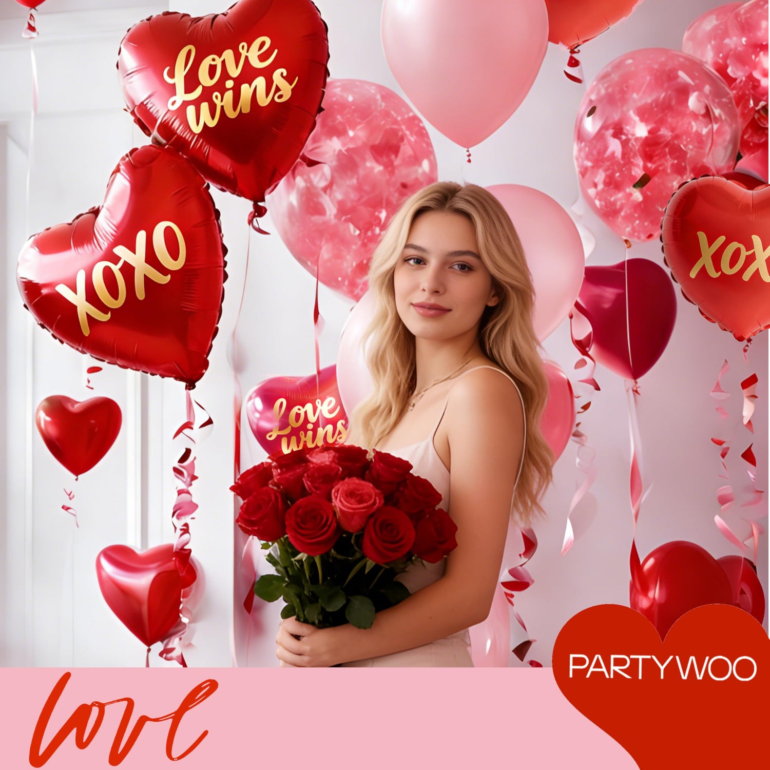 PartyWoo Valentine's Balloons 15pcs 18 Inch Foil Love XOXO Red Heart Balloons Set for Romantic Valentine's Day Galentine's Day Wedding Anniversary Engagement Bridal Shower Proposal Party Decorations
