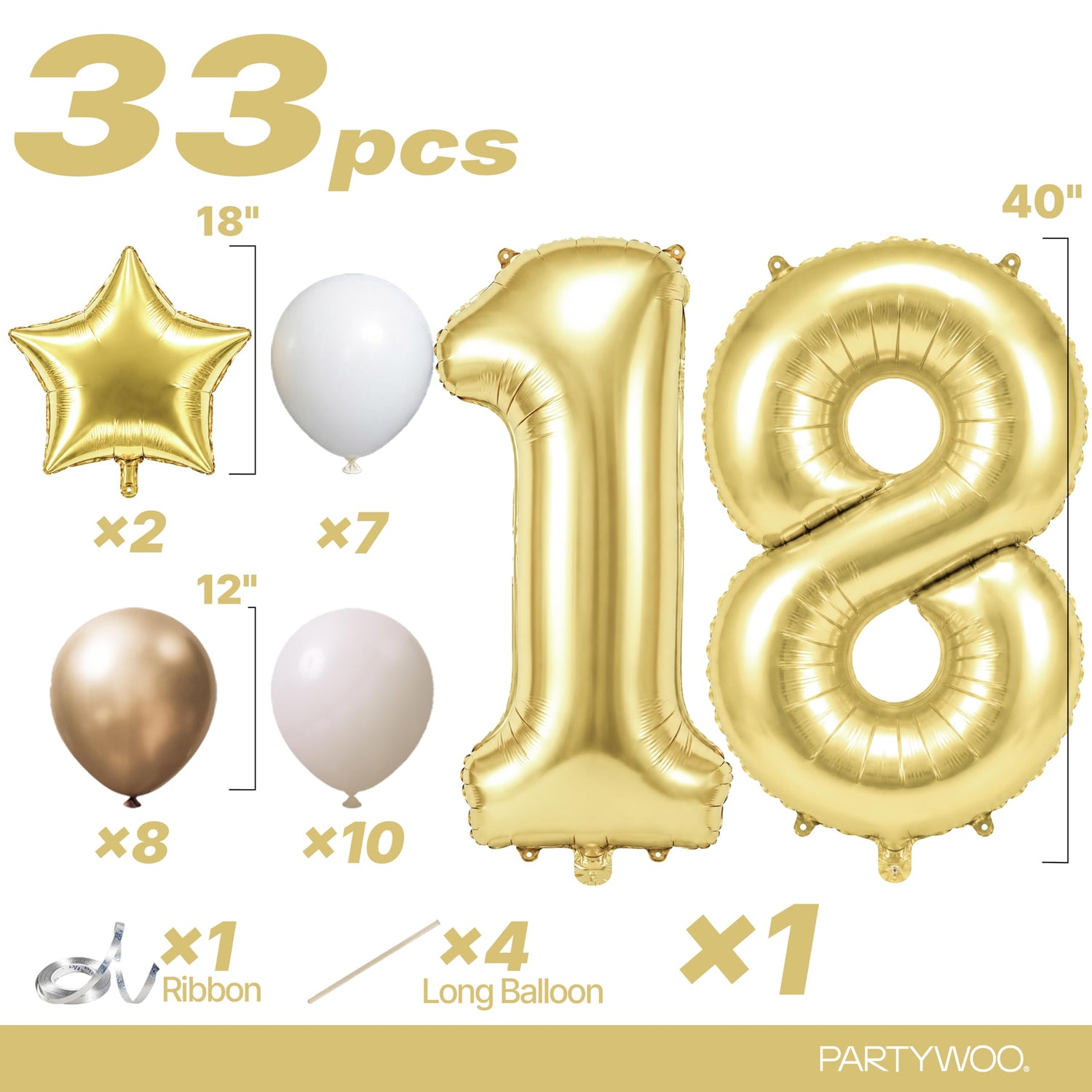 Light Gold Number 18 Balloon Set 33pcs (40 inch)